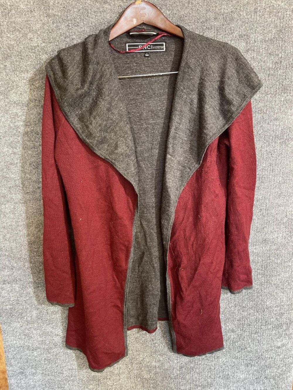 BNCI By Blanc Noir Cardigan Sweater Womens Large Red Gray Hooded Open Front